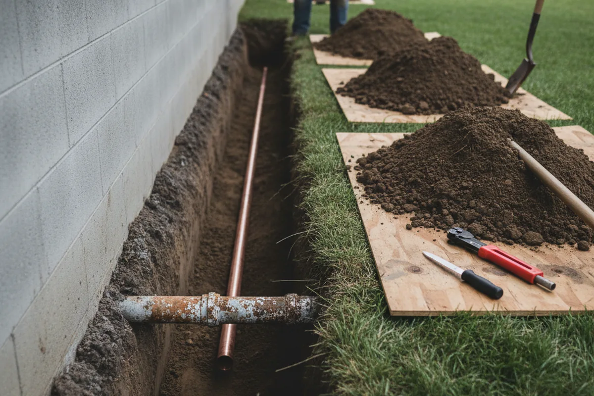 Excavated water line trench during Sewer Line Repair in Berrien Center